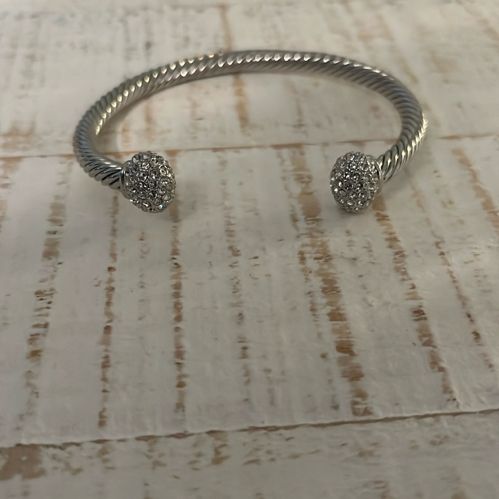 Touchstone Crystal Silver-Tone Twisted Cable Open Cuff with Crystal Ball Ends